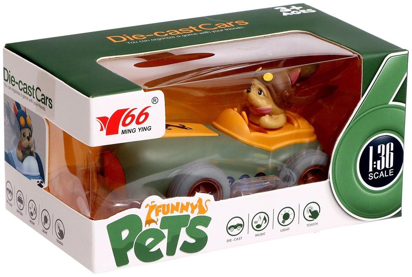 Машинка металлическая Fynny Pets MY66-K1213, с собакой, 1:36, инерция, свет, звук, цвет зелёный