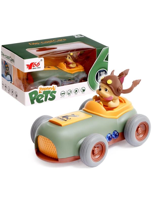 Машинка металлическая Fynny Pets MY66-K1213, с собакой, 1:36, инерция, свет, звук, цвет зелёный