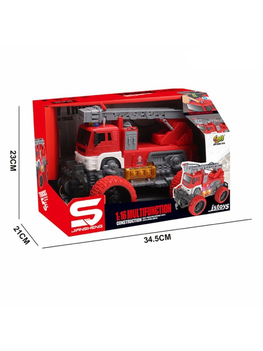 Пластиковая машинка Jian Sheng Toys 1:16 «Пожарная» 33 см. JS109S, инерционная, свет, звук / Красный