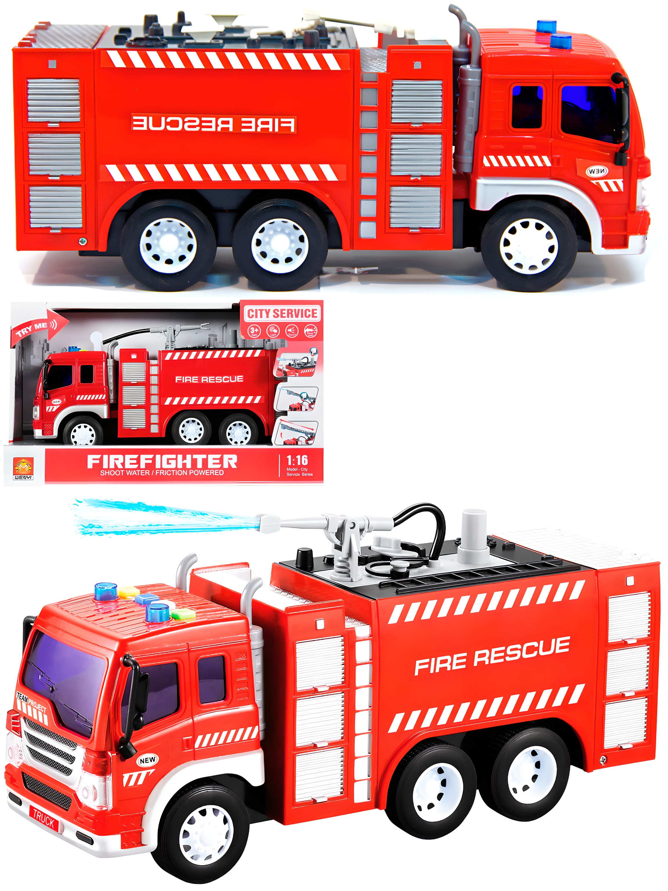 Пластиковая машинка Wenyi 1:16 «Пожарная» 27,5 см. WY351A, инерционная, свет, звук / Красный