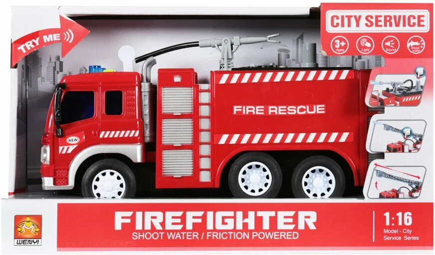 Пластиковая машинка Wenyi 1:16 «Пожарная» 27,5 см. WY351A, инерционная, свет, звук / Красный