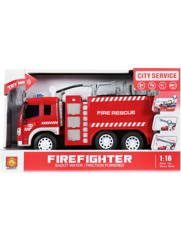 Пластиковая машинка Wenyi 1:16 «Пожарная» 27,5 см. WY351A, инерционная, свет, звук / Красный
