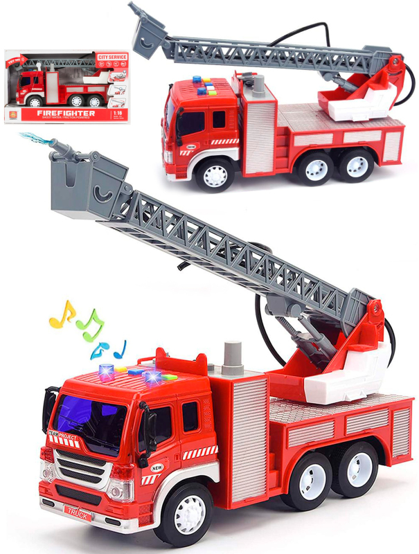 Пластиковая машинка Wenyi 1:16 «Пожарная» 27,5 см. WY351B, инерционная, свет, звук  / Красный