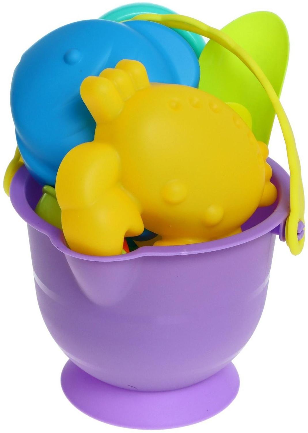 Песочный набор в сетке: ведёрко, лопатка, сито, кораблик, 2 формочки, МИКС