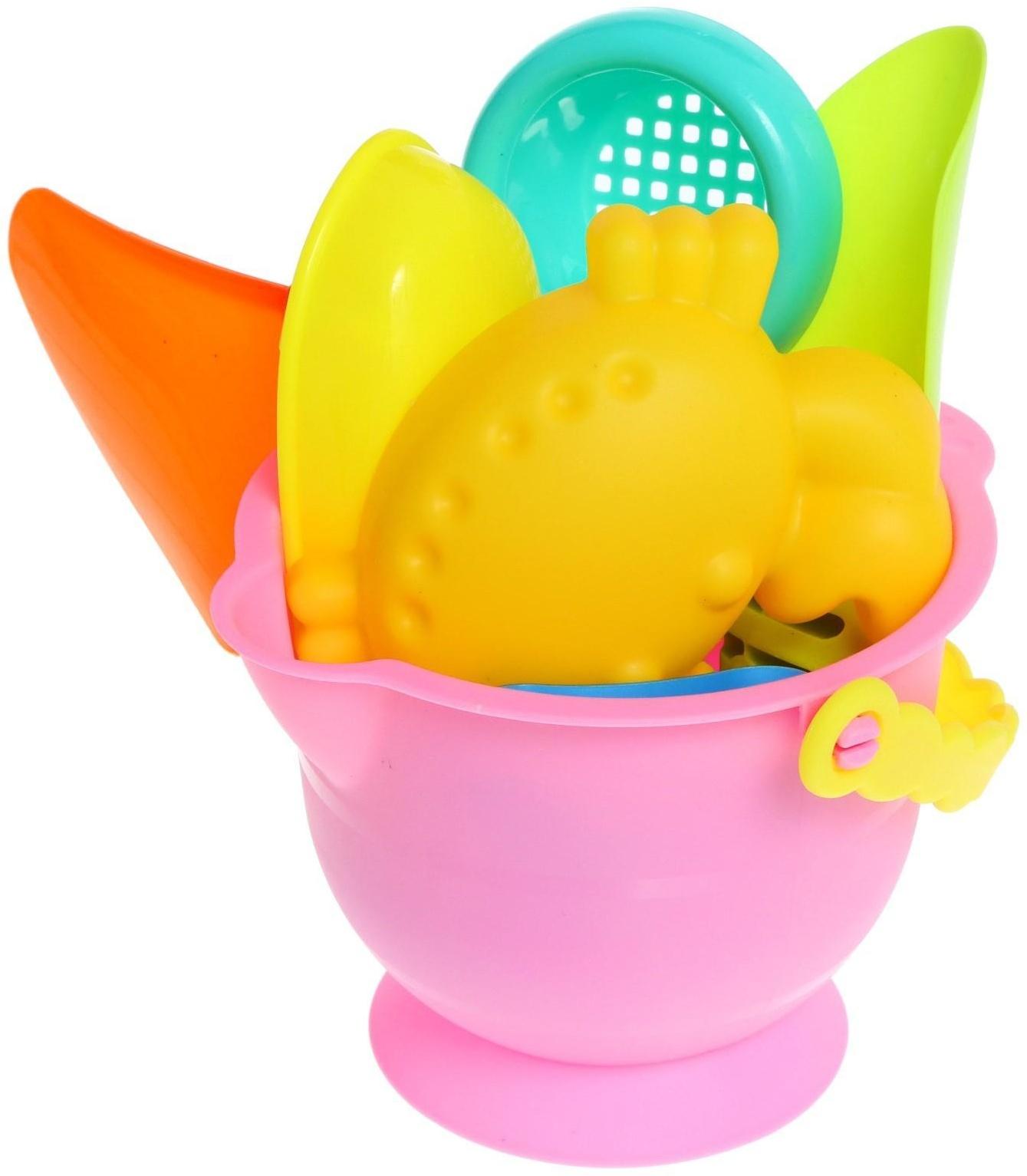 Песочный набор в сетке: ведёрко, лопатка, сито, кораблик, 2 формочки, МИКС