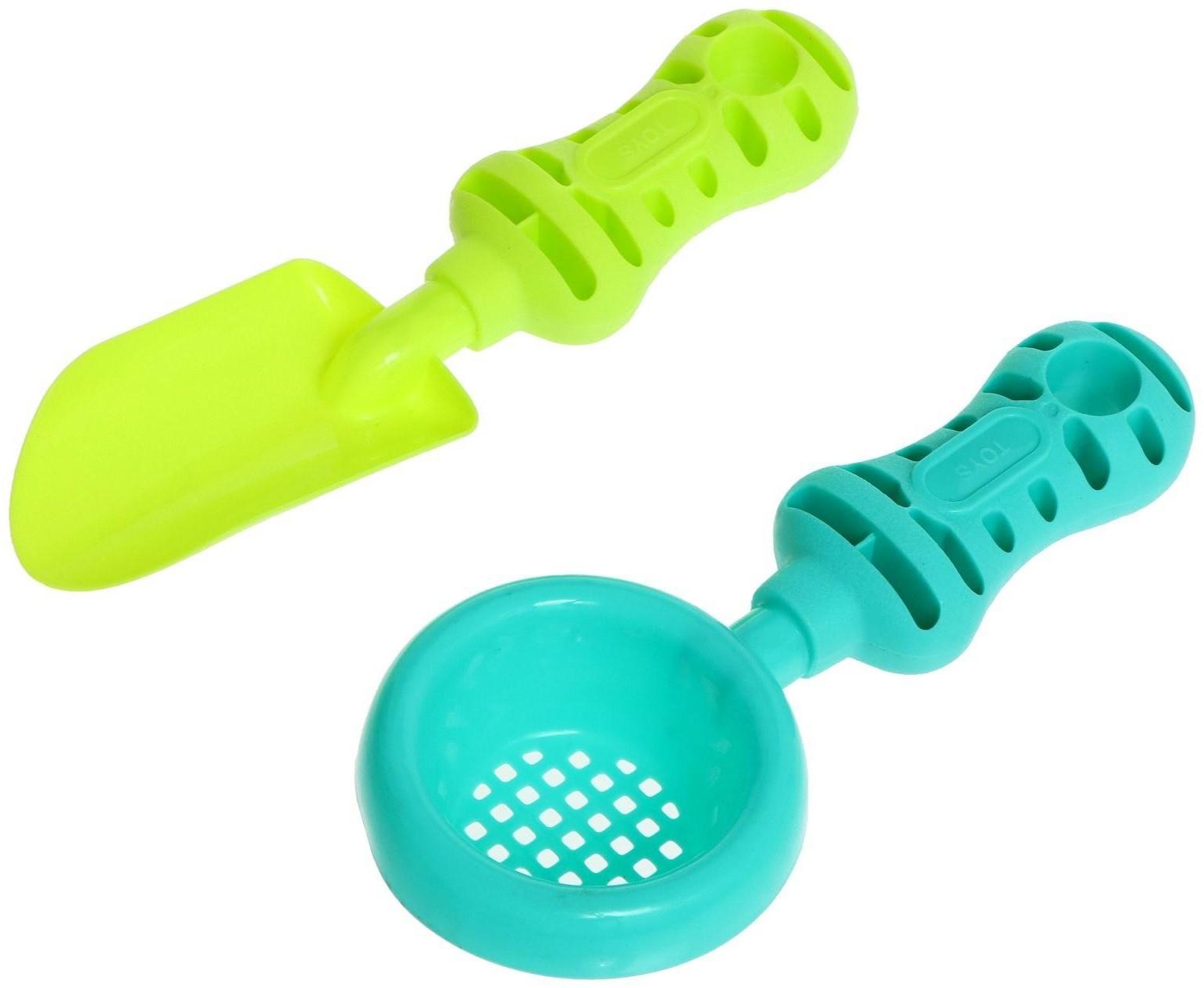 Песочный набор в сетке: ведёрко, лопатка, сито, кораблик, 2 формочки, МИКС