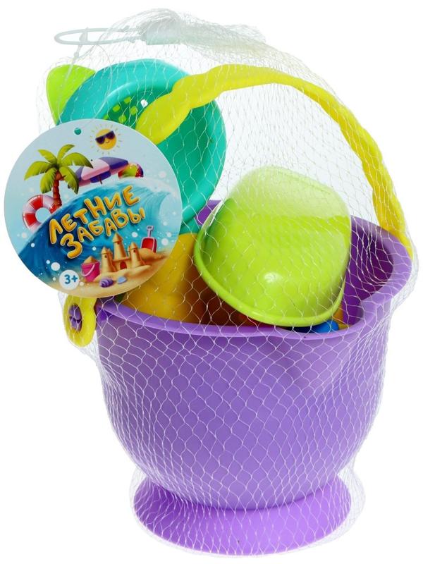Песочный набор в сетке: ведёрко, лопатка, сито, кораблик, 2 формочки, МИКС