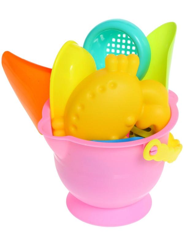 Песочный набор в сетке: ведёрко, лопатка, сито, кораблик, 2 формочки, МИКС