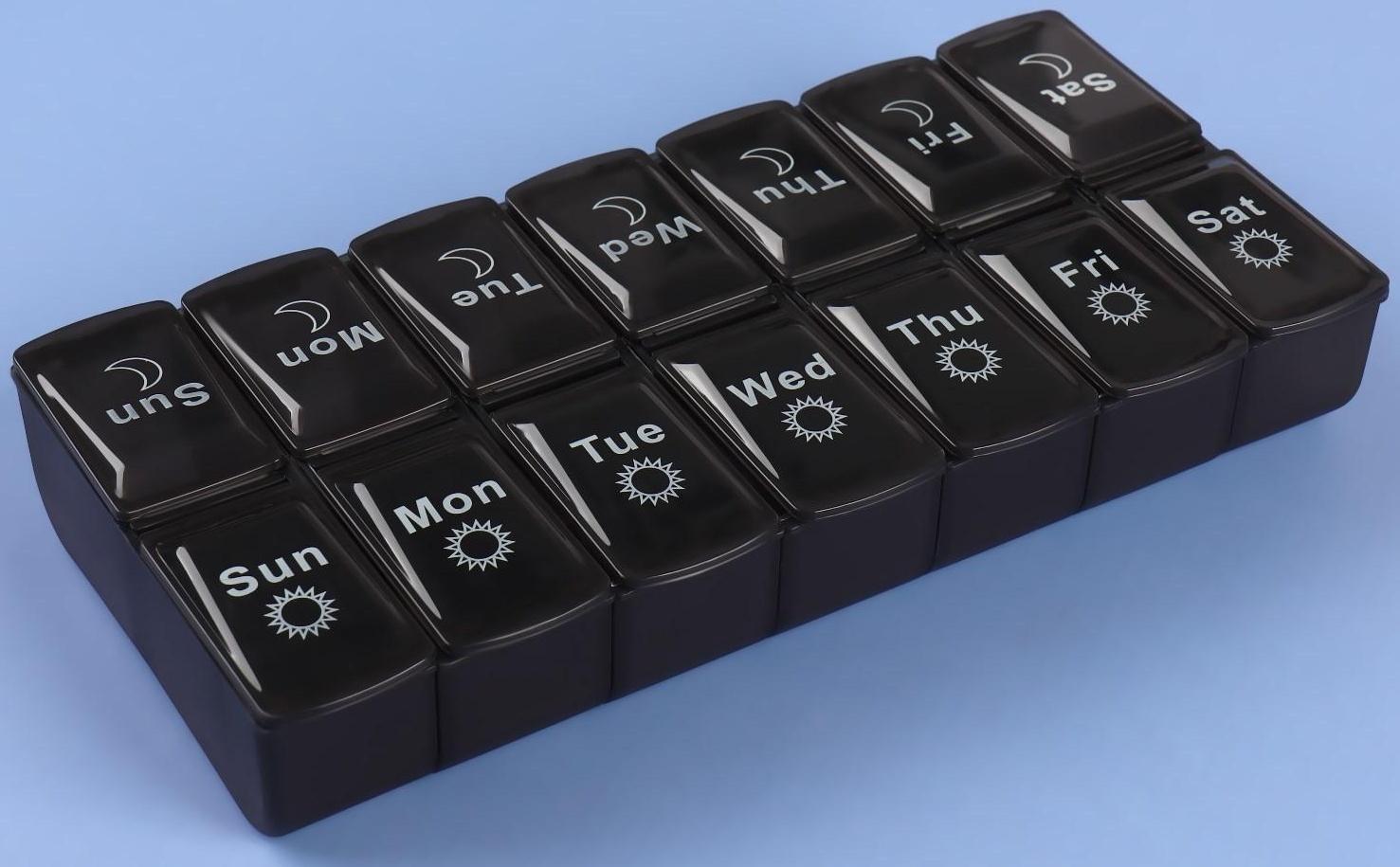 Таблетница-органайзер «Неделька», со съёмными ячейками, английские буквы, утро/вечер, 7 контейнеров по 2 ячейки, цвет чёрный