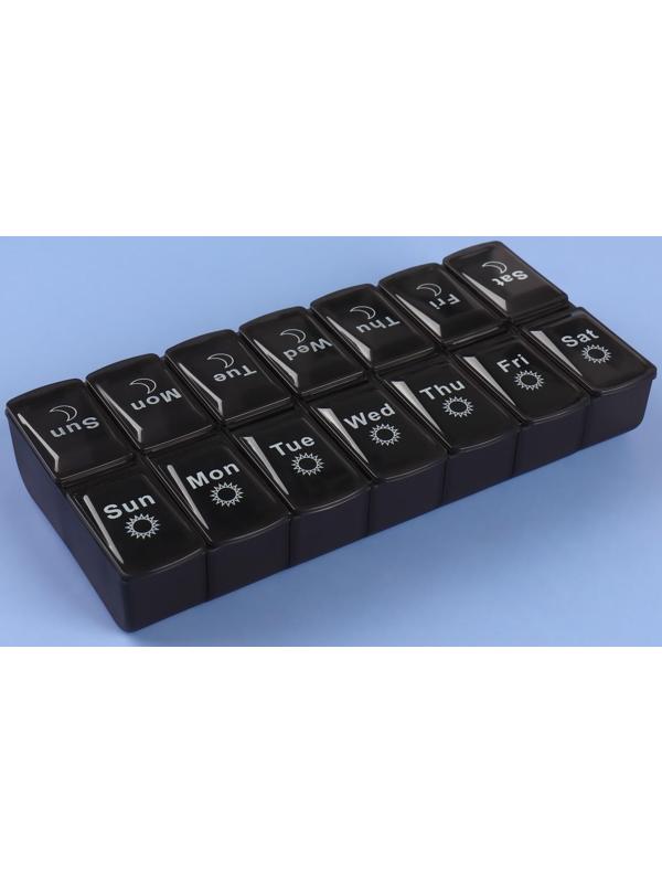 Таблетница-органайзер «Неделька», со съёмными ячейками, английские буквы, утро/вечер, 7 контейнеров по 2 ячейки, цвет чёрный