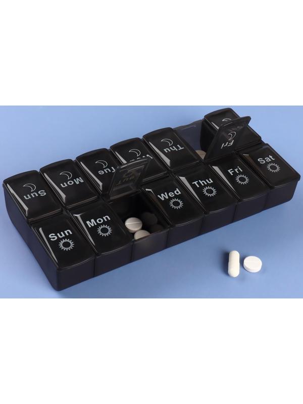 Таблетница-органайзер «Неделька», со съёмными ячейками, английские буквы, утро/вечер, 7 контейнеров по 2 ячейки, цвет чёрный