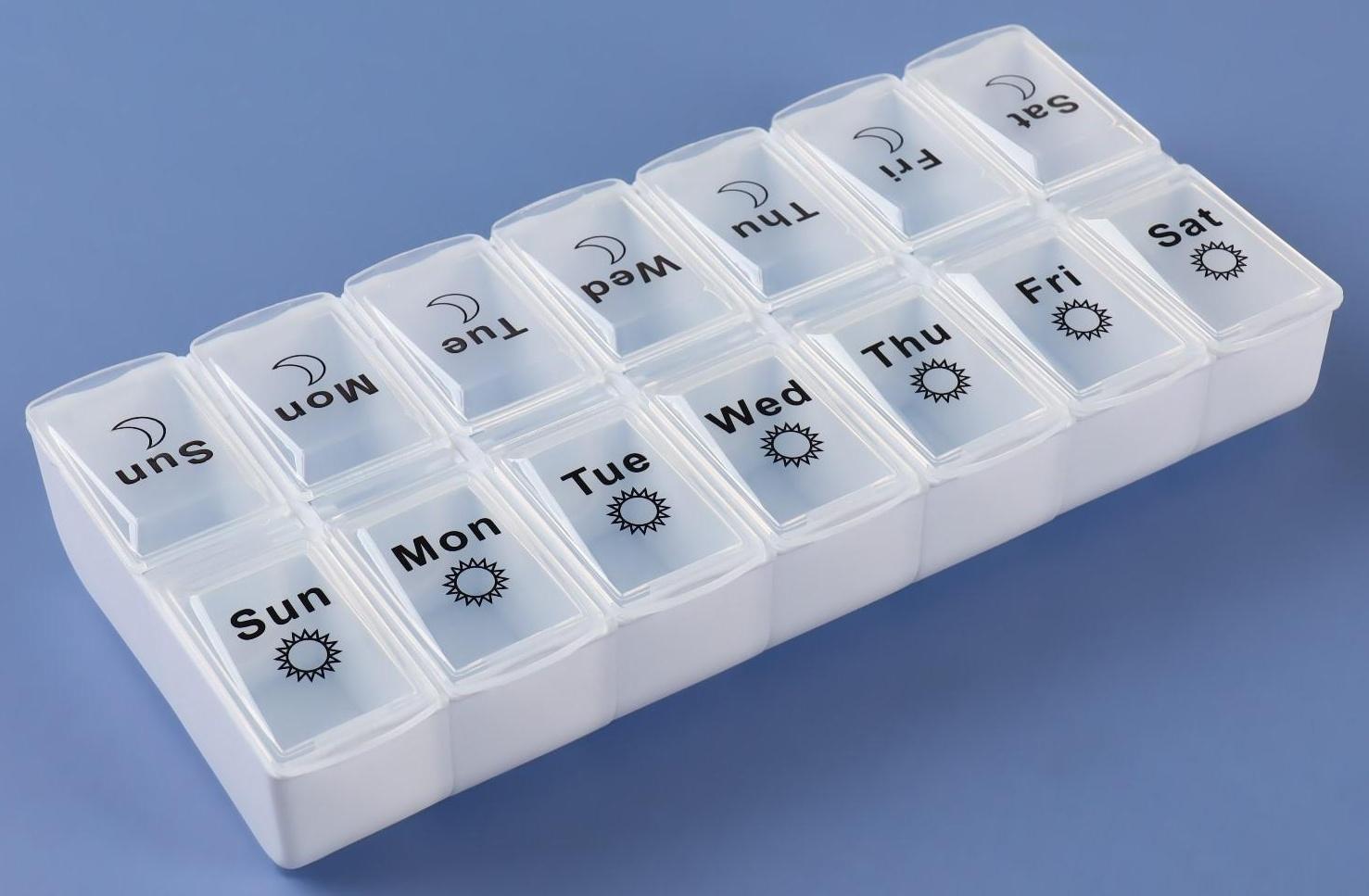 Таблетница-органайзер «Неделька», со съёмными ячейками, английские буквы, утро/вечер, 7 контейнеров по 2 ячейки, цвет белый