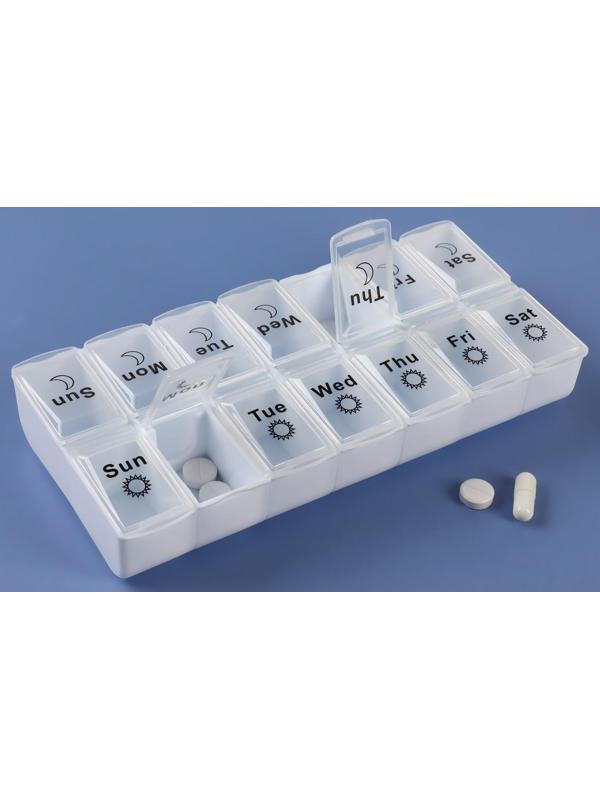 Таблетница-органайзер «Неделька», со съёмными ячейками, английские буквы, утро/вечер, 7 контейнеров по 2 ячейки, цвет белый