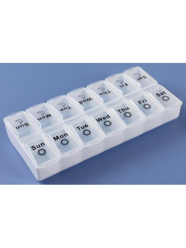 Таблетница-органайзер «Неделька», со съёмными ячейками, английские буквы, утро/вечер, 7 контейнеров по 2 ячейки, цвет белый