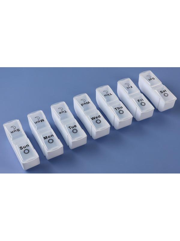 Таблетница-органайзер «Неделька», со съёмными ячейками, английские буквы, утро/вечер, 7 контейнеров по 2 ячейки, цвет белый
