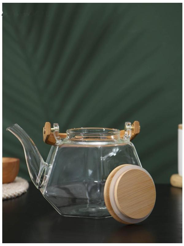 Чайник стеклянный заварочный с бамбуковой крышкой и металлическим фильтром BellaTenero «Октогон», 1,2 л