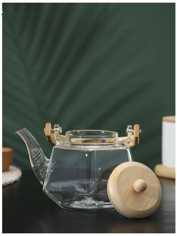 Чайник стеклянный заварочный с бамбуковой крышкой и металлическим фильтром BellaTenero «Октогон», 800 мл