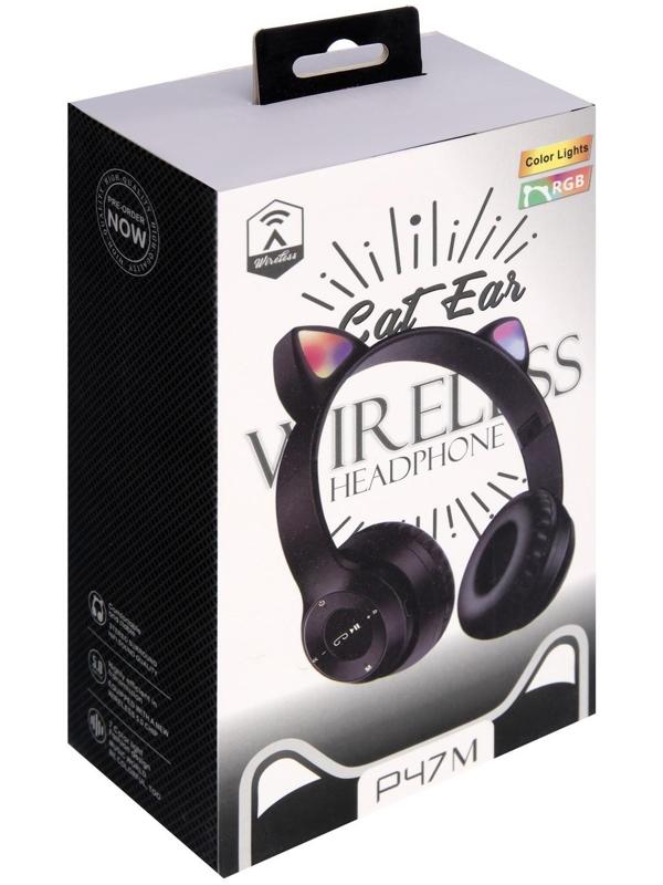 Наушники P47M, беспроводные, полноразмерные, BT, microSD, микрофон, AUX, с ушками, черные
