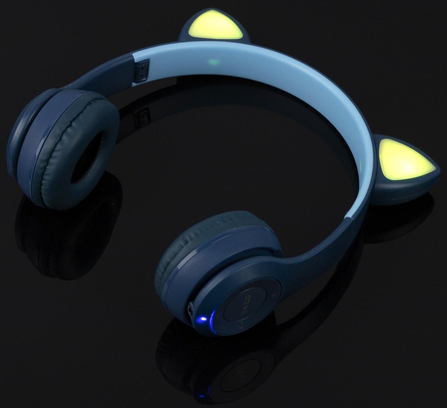 Наушники P47M, беспроводные, полноразмерные, BT, microSD, микрофон, AUX, с ушками, синие