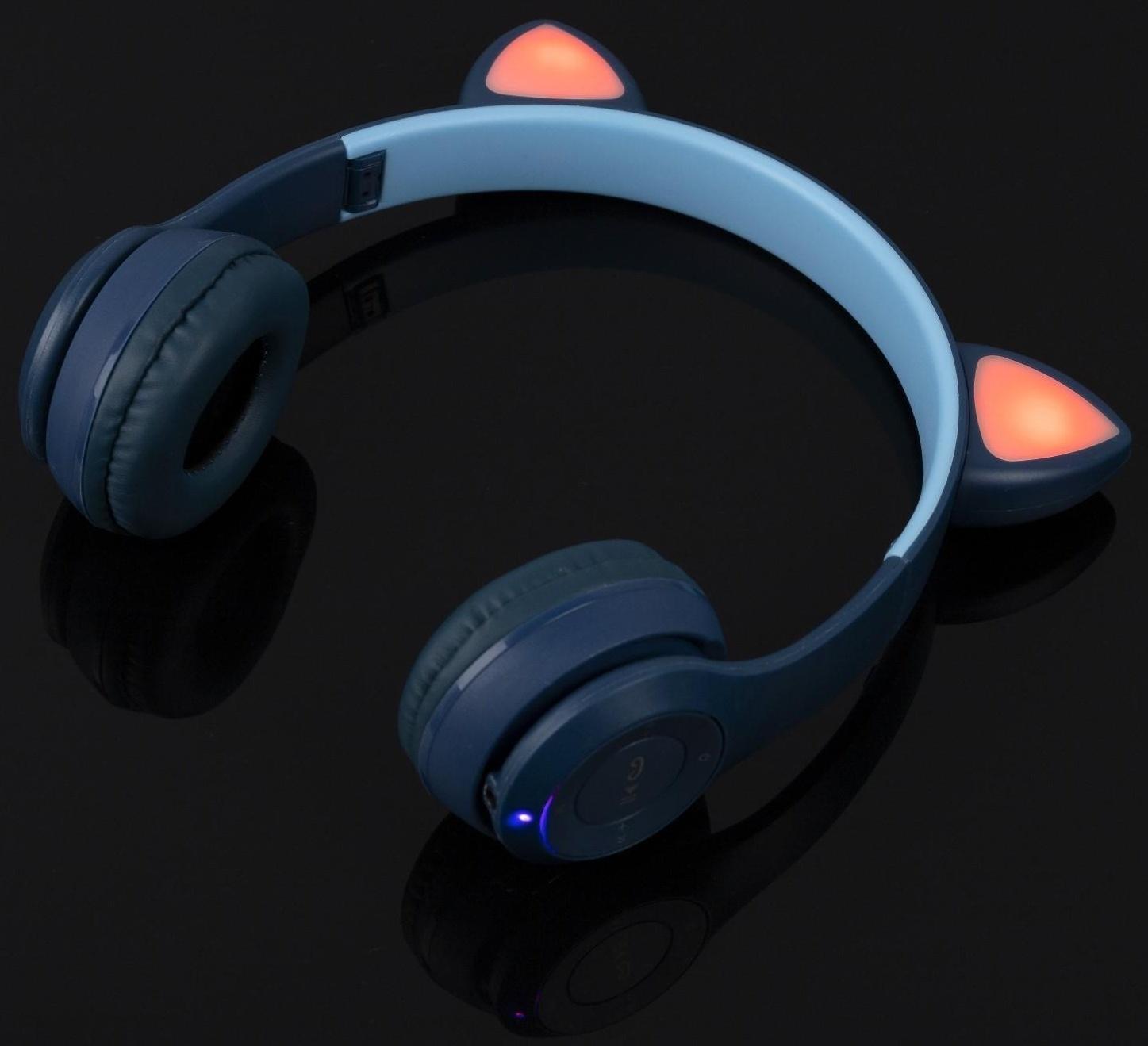 Наушники P47M, беспроводные, полноразмерные, BT, microSD, микрофон, AUX, с ушками, синие