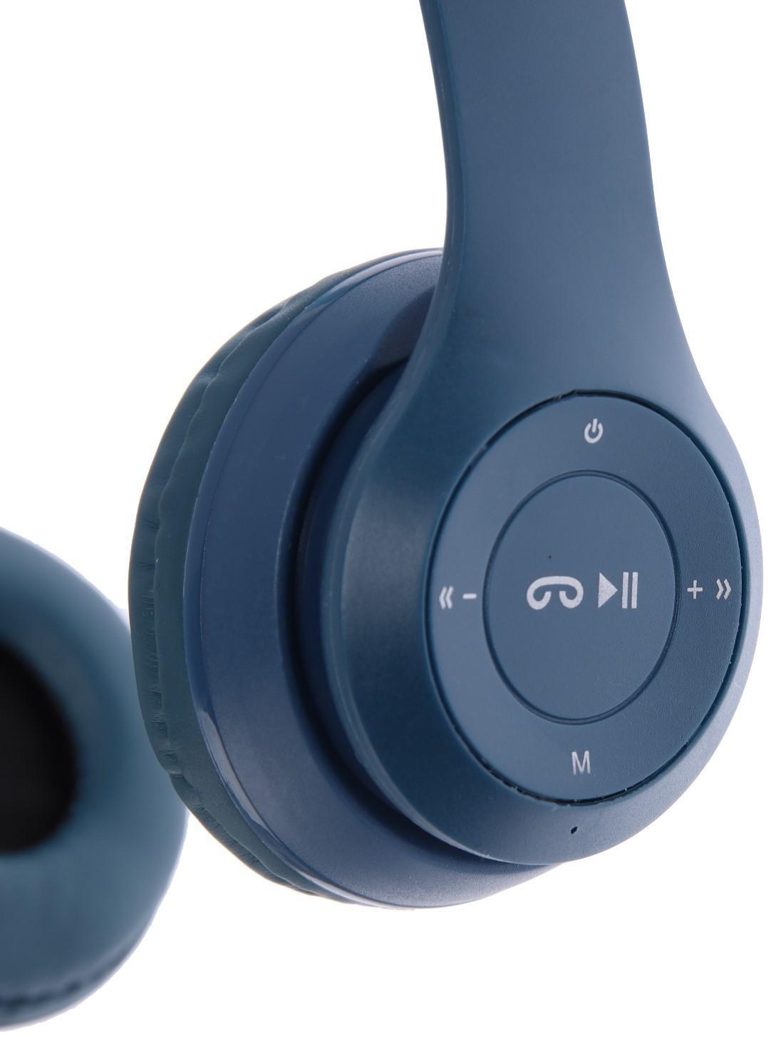 Наушники P47M, беспроводные, полноразмерные, BT, microSD, микрофон, AUX, с ушками, синие