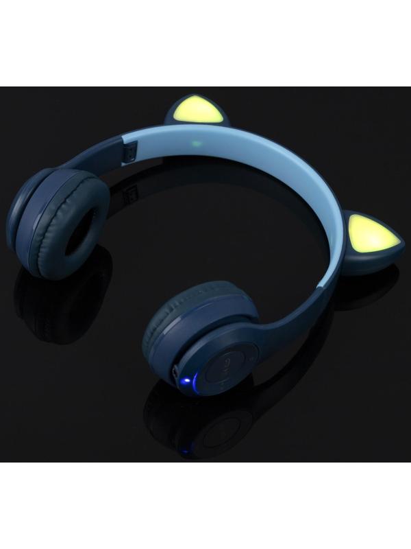 Наушники P47M, беспроводные, полноразмерные, BT, microSD, микрофон, AUX, с ушками, синие