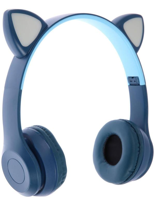 Наушники P47M, беспроводные, полноразмерные, BT, microSD, микрофон, AUX, с ушками, синие