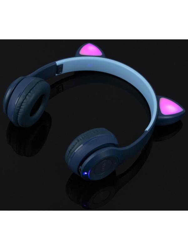 Наушники P47M, беспроводные, полноразмерные, BT, microSD, микрофон, AUX, с ушками, синие