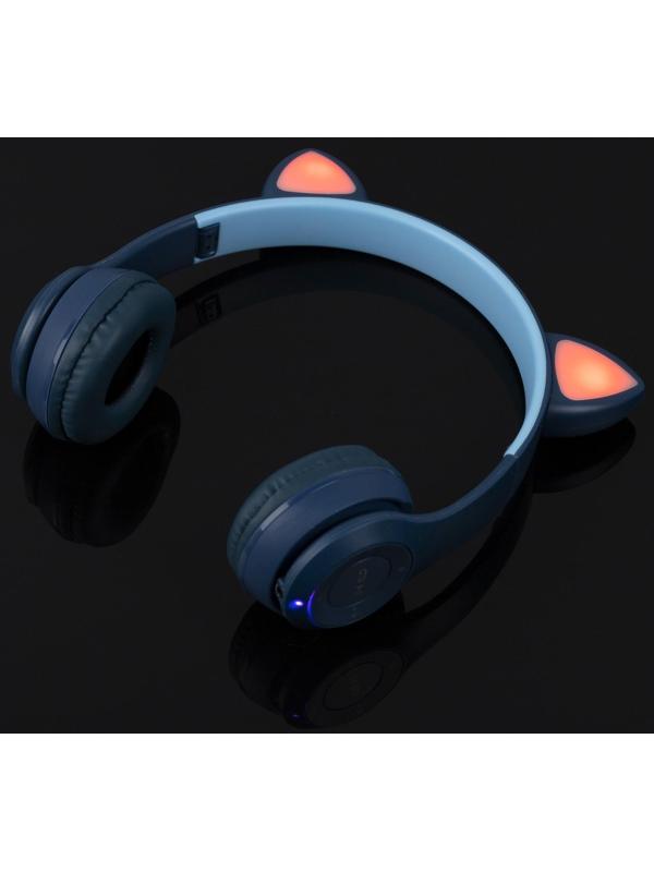 Наушники P47M, беспроводные, полноразмерные, BT, microSD, микрофон, AUX, с ушками, синие