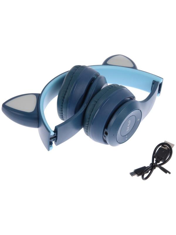 Наушники P47M, беспроводные, полноразмерные, BT, microSD, микрофон, AUX, с ушками, синие