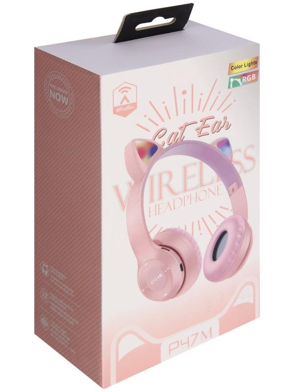 Наушники P47M, беспроводные, полноразмерные, BT, microSD, микрофон,AUX, с ушками, розовые