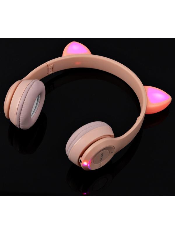 Наушники P47M, беспроводные, полноразмерные, BT, microSD, микрофон,AUX, с ушками, розовые