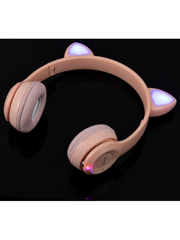 Наушники P47M, беспроводные, полноразмерные, BT, microSD, микрофон,AUX, с ушками, розовые