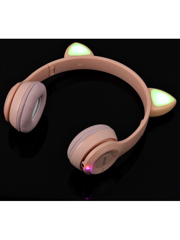 Наушники P47M, беспроводные, полноразмерные, BT, microSD, микрофон,AUX, с ушками, розовые