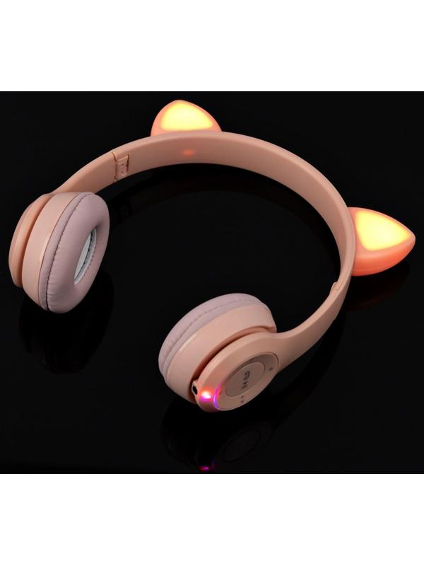 Наушники P47M, беспроводные, полноразмерные, BT, microSD, микрофон,AUX, с ушками, розовые