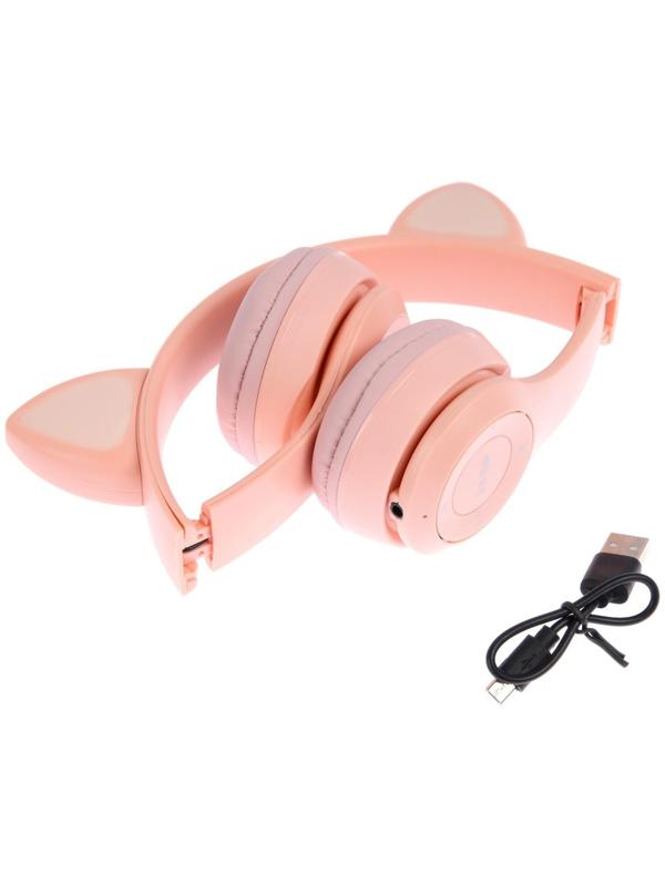 Наушники P47M, беспроводные, полноразмерные, BT, microSD, микрофон,AUX, с ушками, розовые