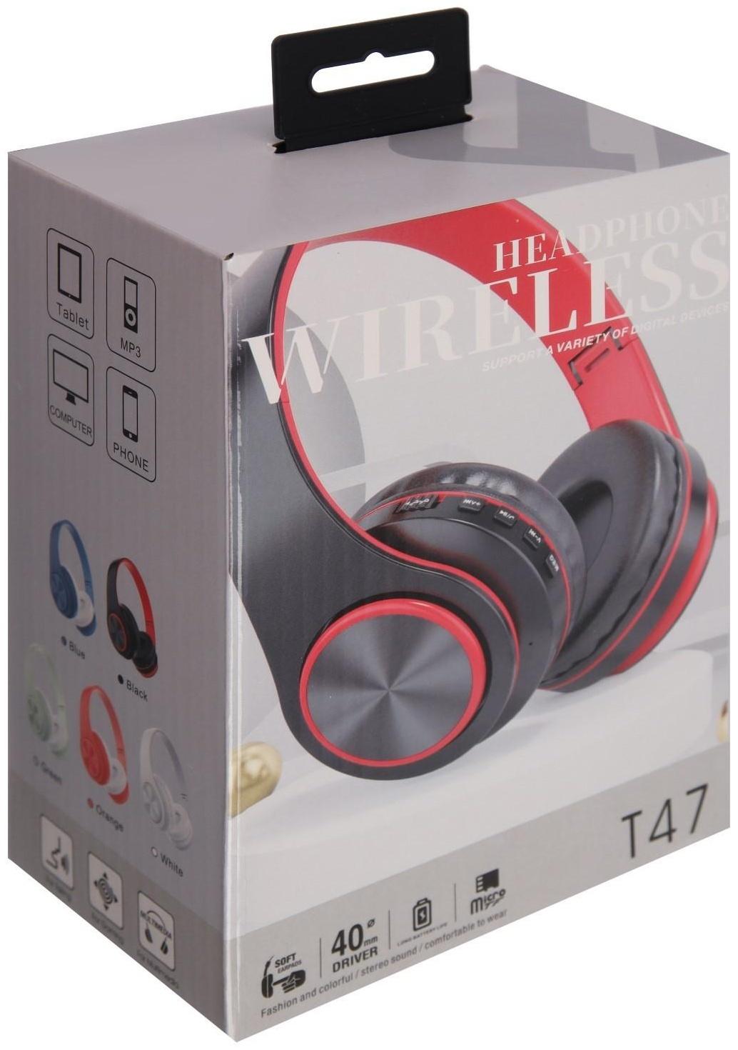 Наушники Т47, беспроводные, полноразмерные, BT, microSD, FM, микрофон, AUX, черные