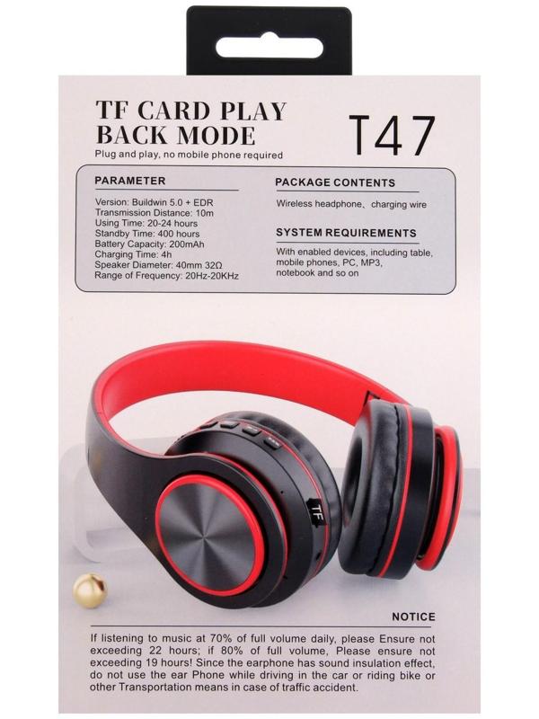 Наушники Т47, беспроводные, полноразмерные, BT, microSD, FM, микрофон, AUX, черные