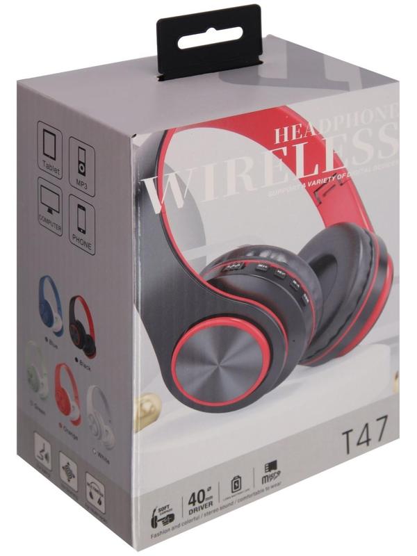 Наушники Т47, беспроводные, полноразмерные, BT, microSD, FM, микрофон, AUX, черные