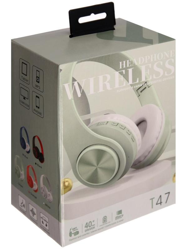 Наушники Т47, беспроводные, полноразмерные, BT, microSD, FM, микрофон, AUX, зеленые
