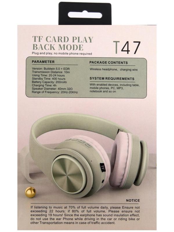 Наушники Т47, беспроводные, полноразмерные, BT, microSD, FM, микрофон, AUX, зеленые
