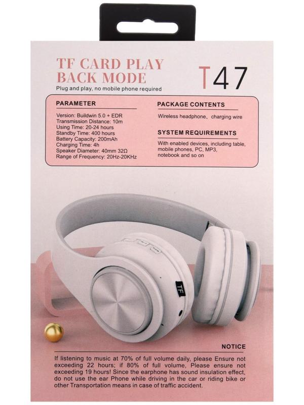 Наушники Т47, беспроводные, полноразмерные, BT, microSD, FM, микрофон, AUX, белые