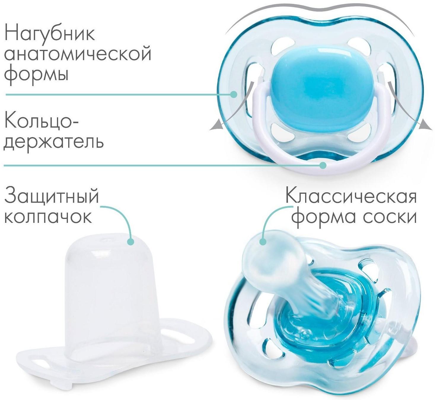 Соска - пустышка классическая, силикон, +6мес., с колпачком, цвет голубой