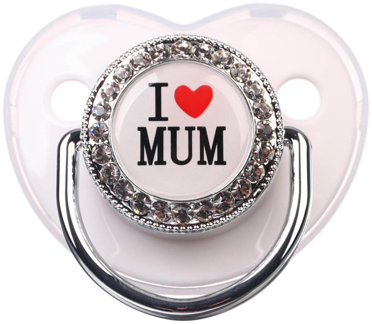 Соска - пустышка ортодонтическая, I LOVE MUM, с колпачком, +6мес., белый/серебро, стразы