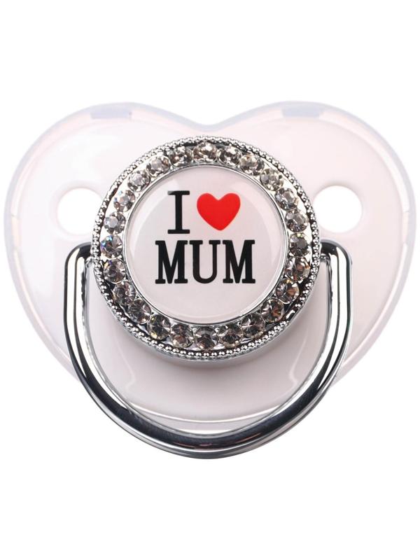 Соска - пустышка ортодонтическая, I LOVE MUM, с колпачком, +6мес., белый/серебро, стразы