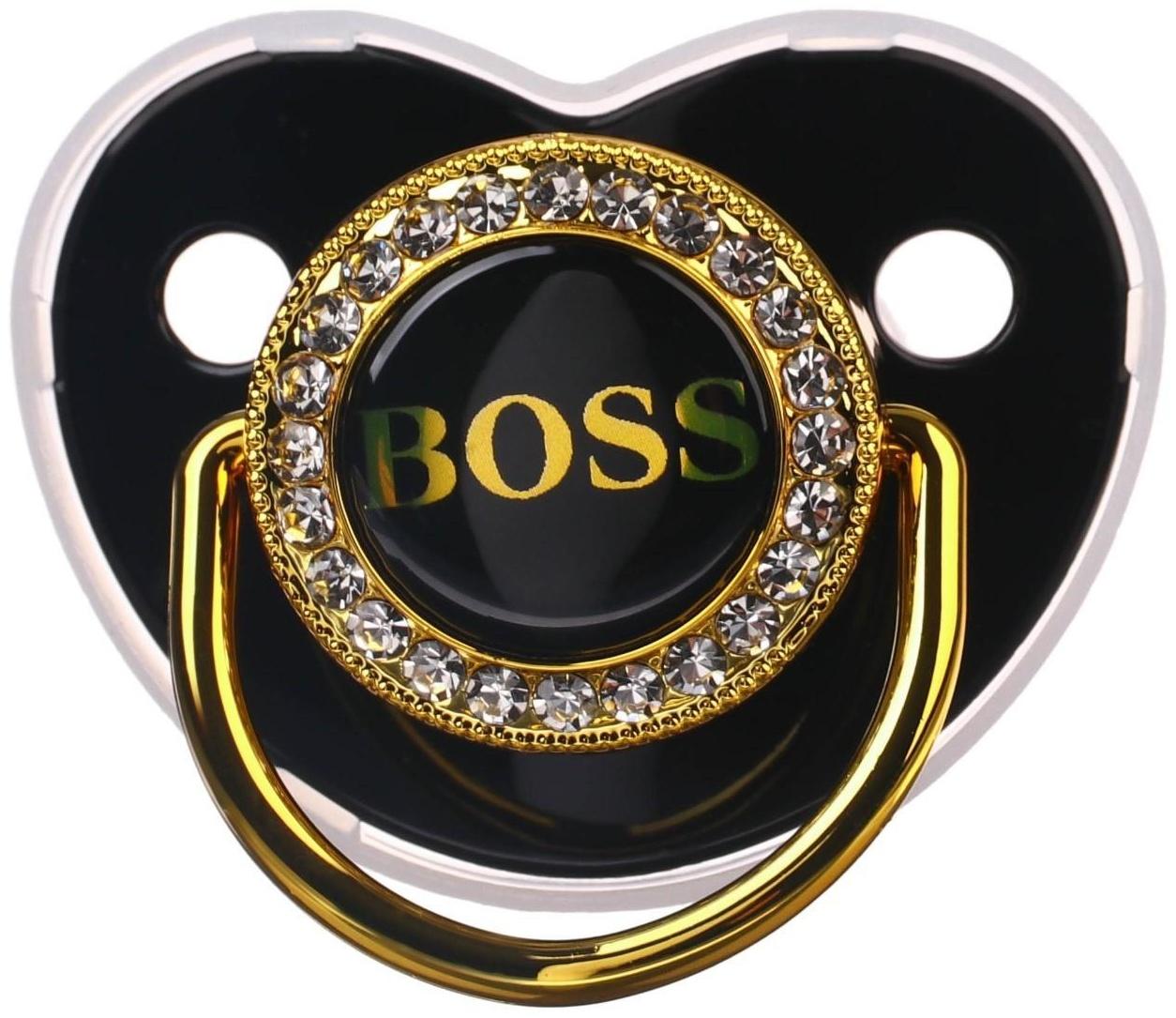 Набор: Соска - пустышка ортодонтическая, с держателем- цепочкой. BOSS, с колпачком, +6мес., белый/серебро, стразы