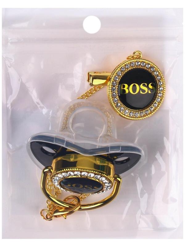 Набор: Соска - пустышка ортодонтическая, с держателем- цепочкой. BOSS, с колпачком, +6мес., белый/серебро, стразы