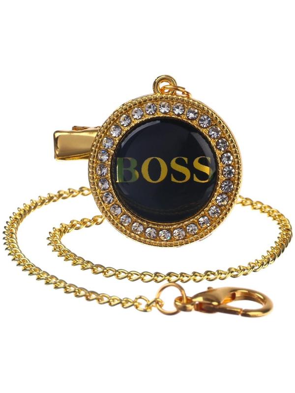 Набор: Соска - пустышка ортодонтическая, с держателем- цепочкой. BOSS, с колпачком, +6мес., белый/серебро, стразы