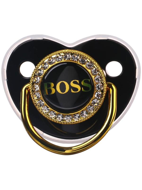 Набор: Соска - пустышка ортодонтическая, с держателем- цепочкой. BOSS, с колпачком, +6мес., белый/серебро, стразы