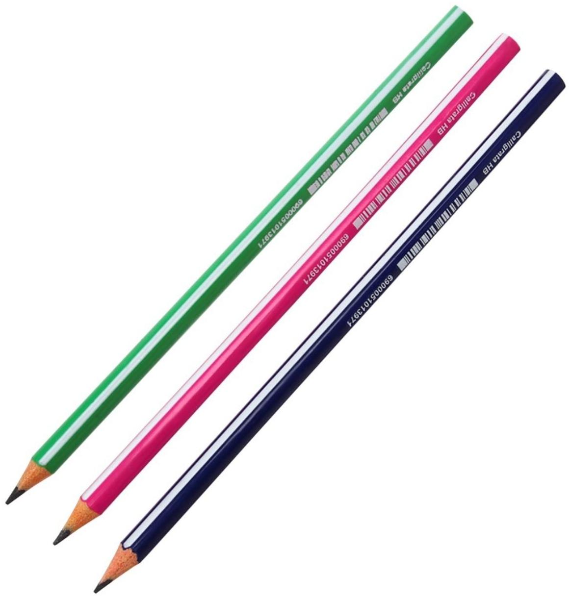 Карандаш чернографитный (простой) НB, Calligrata, заточенный, пластик, трехгранный с полоской, микс